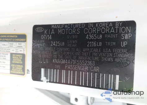 2015 Kia Optima Lx из США, поврежденный, VIN KNAGM4A71F5552363